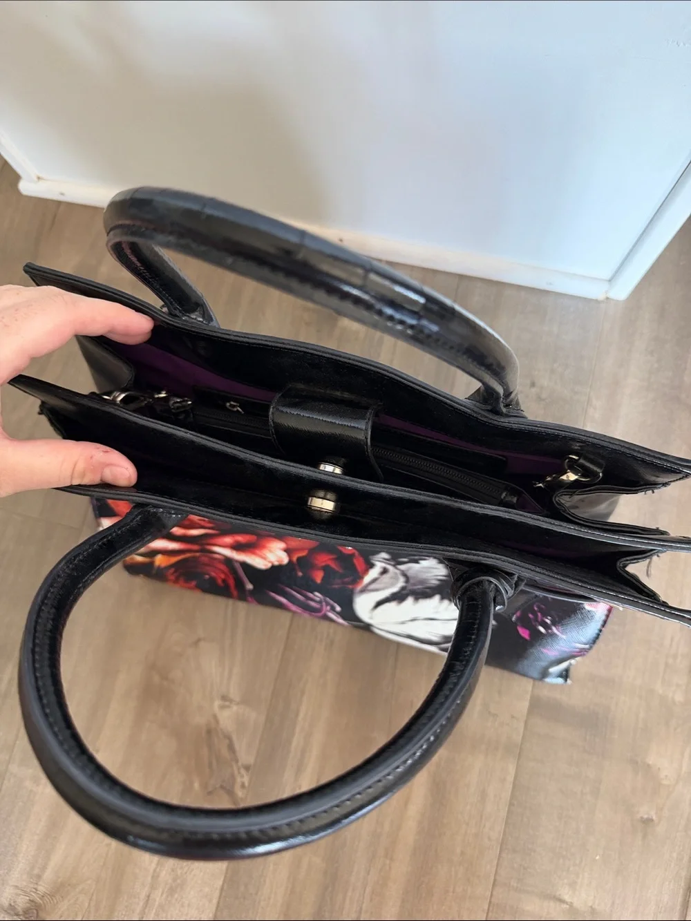 Nine West Black Floral Leather Tote Bag with Red Rose Print